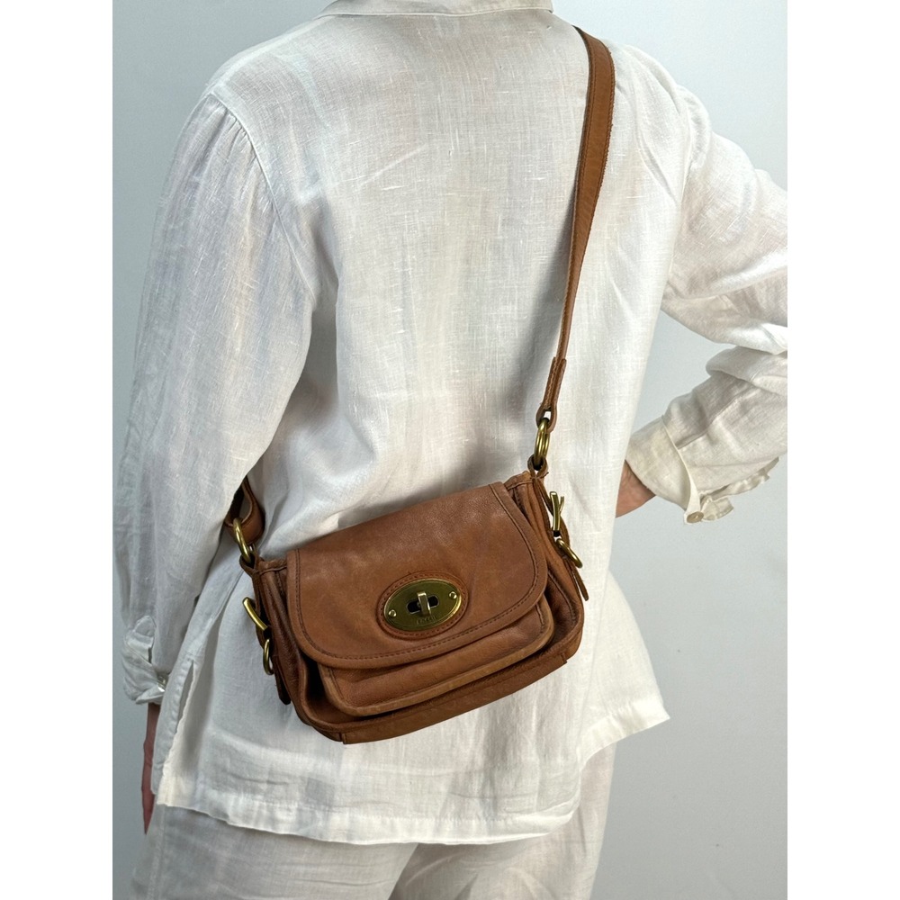 Fossil Brown Leather Long Live Vintage Crossbody Turnlock Messenger Small Bag - Picture 3 of 10